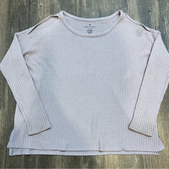American Eagle Long Sleeve Soft Plush Waffle Pattern Open Shoulder T-Shirt Top S - Picture 1 of 10